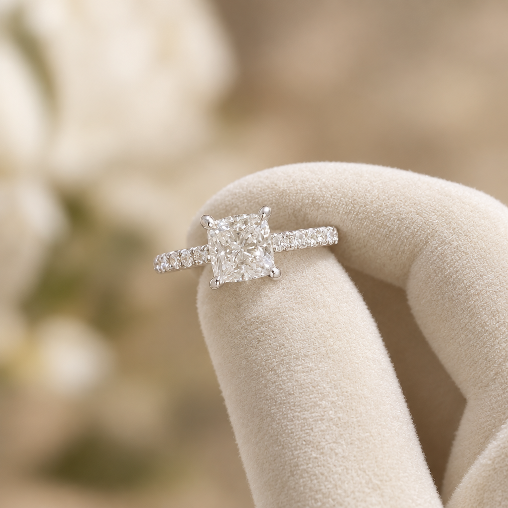Cushion Cut Lab Grown Diamond Engagement Ring in 18K White Gold in white gold on display - Future Jewelry
