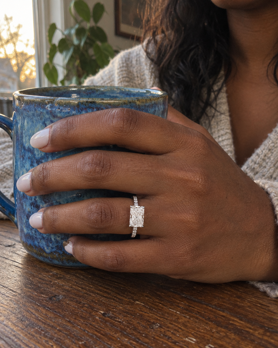 3 carat Radiant Cut Diamond Engagement Ring in 18K White Gold worn on hand - Future Jewelry