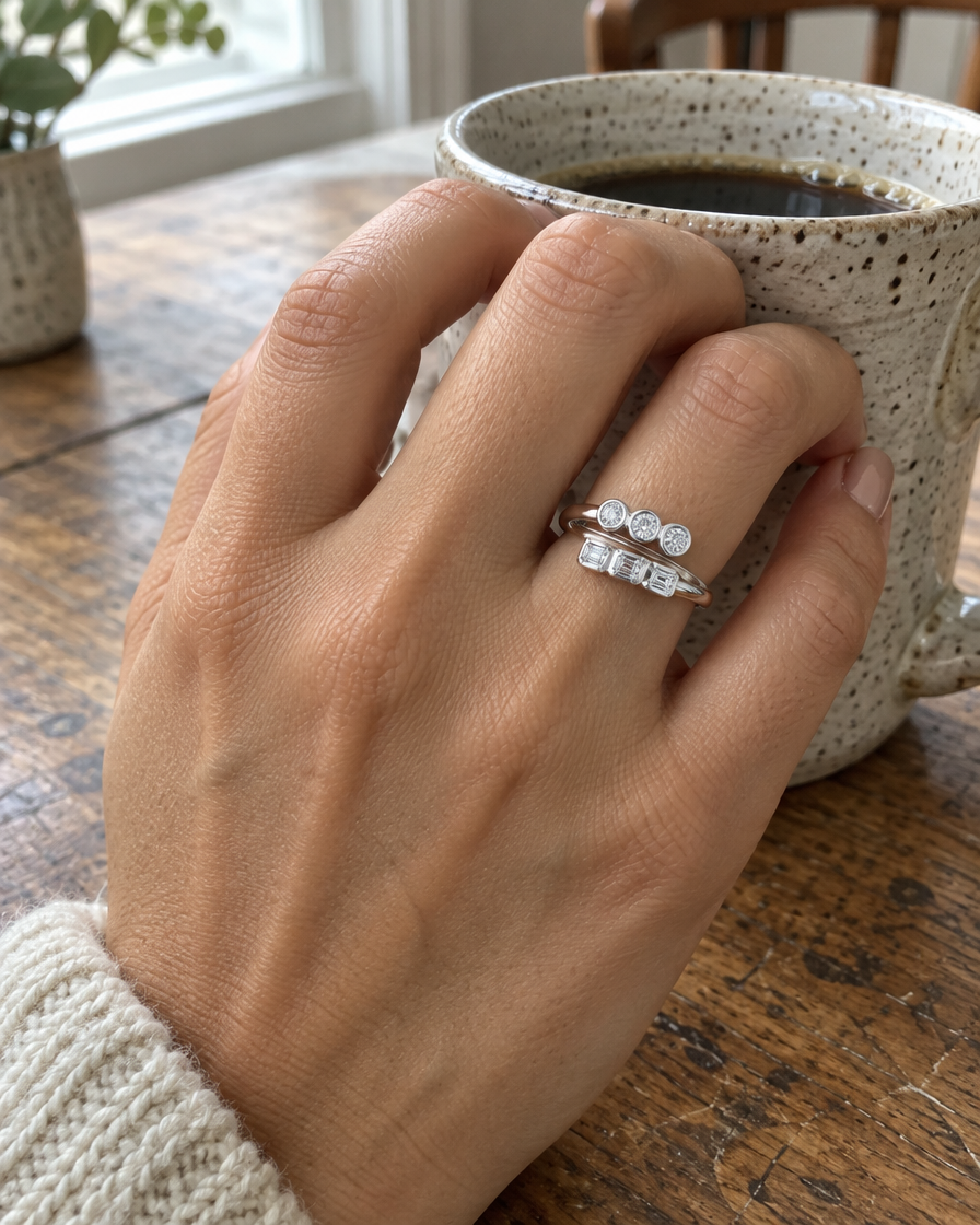 The Emerald Grace Diamond Ring in 18K White Gold worn on the hand - Future Jewelry