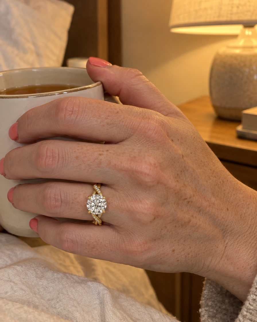 Classic Brilliance Round Diamond Engagement Ring in yellow gold worn on the hand - Future Jewelry