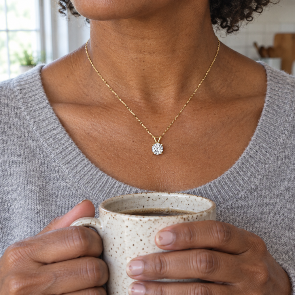 Lab Diamond Solitaire Pendant Necklace in 14K Yellow Gold worn - Future Jewelry