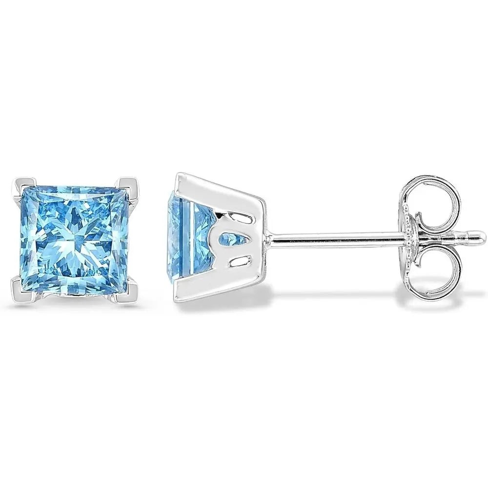 2 Carat Blue Princess Cut Lab Diamond Stud Earrings in 14K White Gold, IGI Certified - Future Jewelry