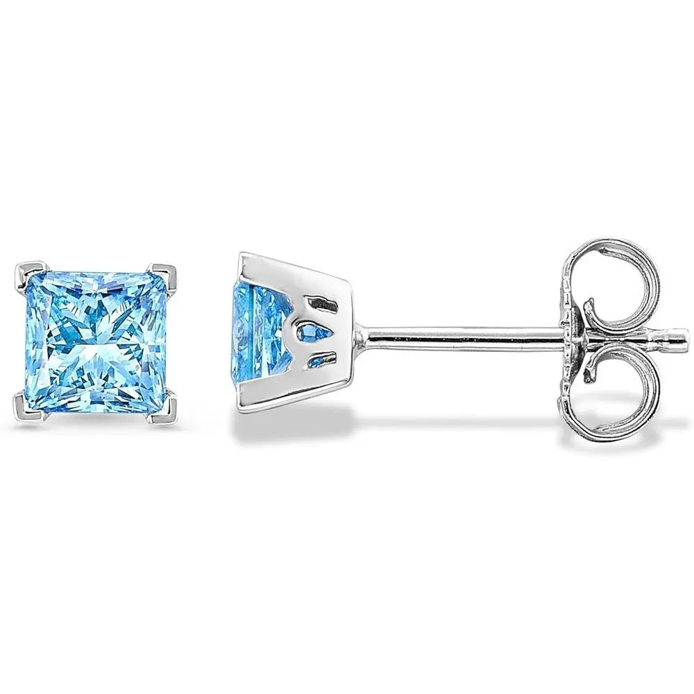 2 Carat Blue Princess Cut Lab Diamond Stud Earrings in 14K White Gold, IGI Certified - Future Jewelry