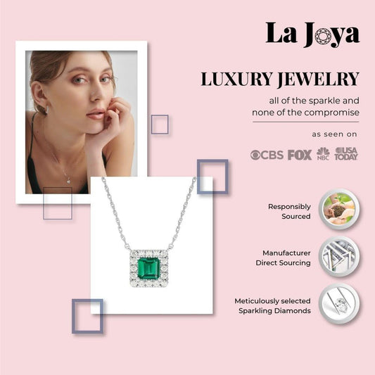 Lab Created Emerald and Lab Grown Diamond Halo Necklace for Women | 10K Solid Floating White Gold Diamond Pendants - Future Jewelry