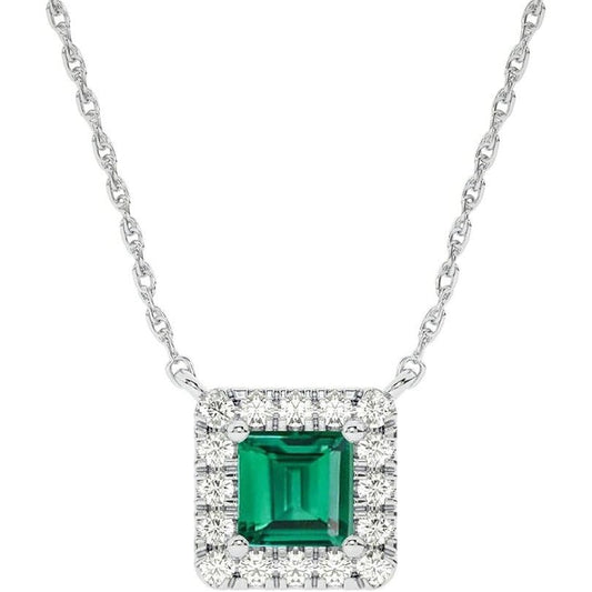 Lab Created Emerald and Lab Grown Diamond Halo Necklace for Women | 10K Solid Floating White Gold Diamond Pendants - Future Jewelry