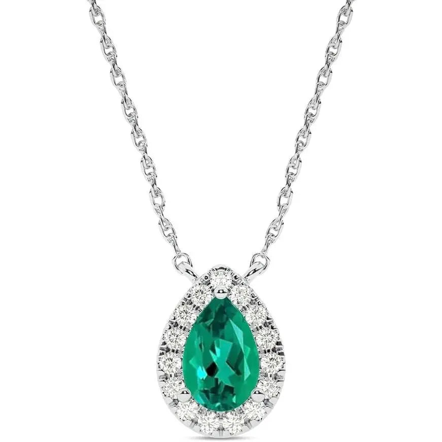 Lab Created Emerald and Lab Grown Diamond Halo Necklace for Women | 10K Solid Floating White Gold Diamond Pendants - Future Jewelry
