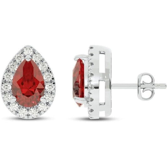 Lab Created Ruby and Lab Grown Diamond Halo Stud Earrings for Women | 10K Solid White Gold Earrings | Multiple Shapes and Weights to Choose From - Future Jewelry