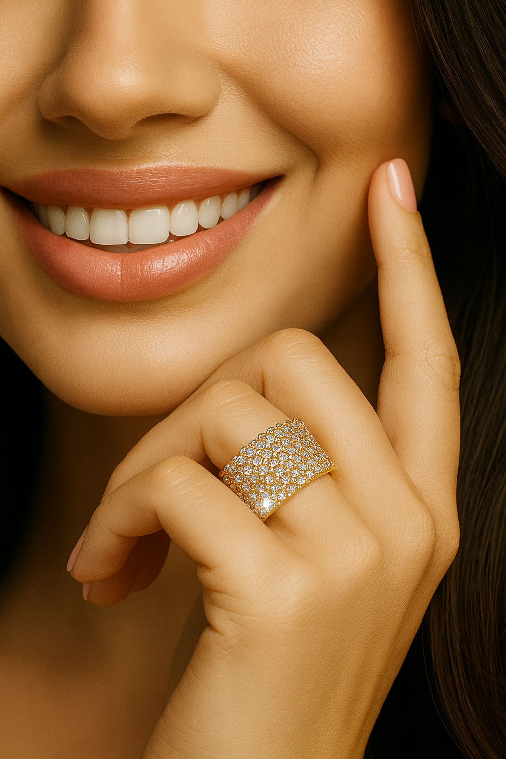 Model smiling while wearing a white lab diamond multi row eternity band in 14K yellow gold