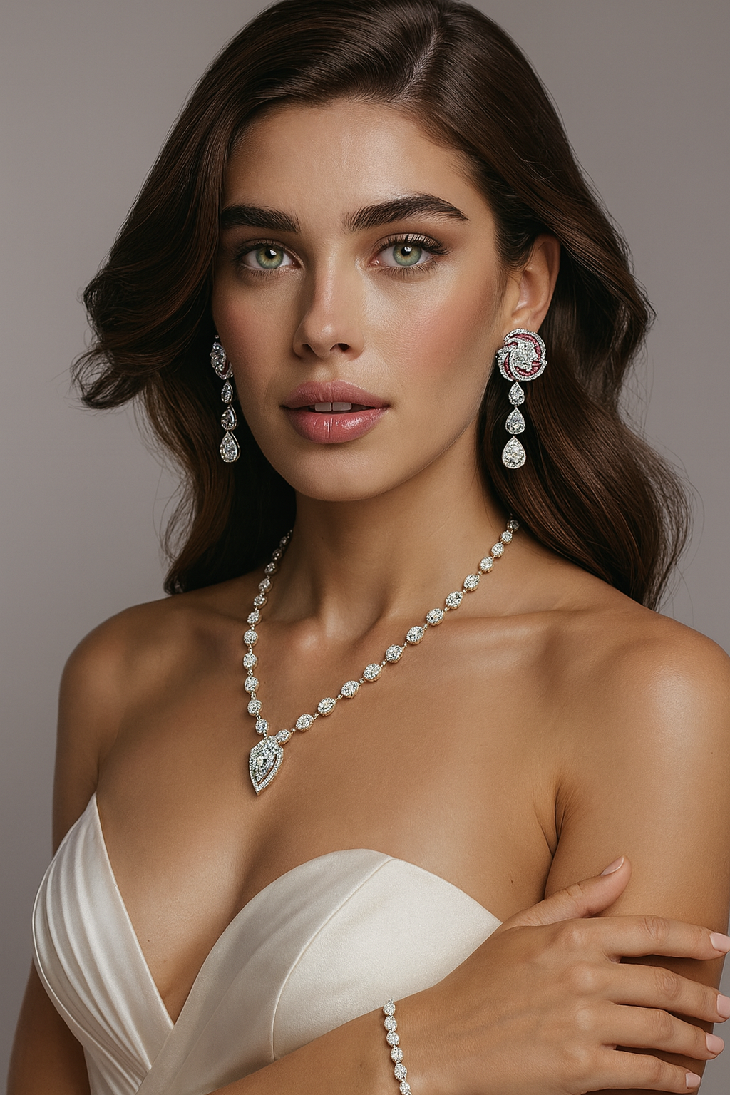 Model wearing lab diamond necklace and drop earrings with matching bridal jewelry set