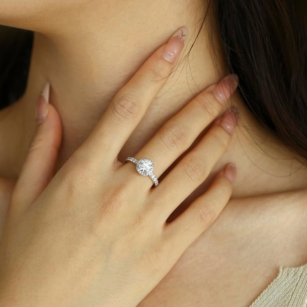 Lab grown diamond halo ring in sterling silver with 0.64–1.43 carat total weight sparkle. A promise, engagement, or anniversary gift she'll treasure. - Future Jewelry