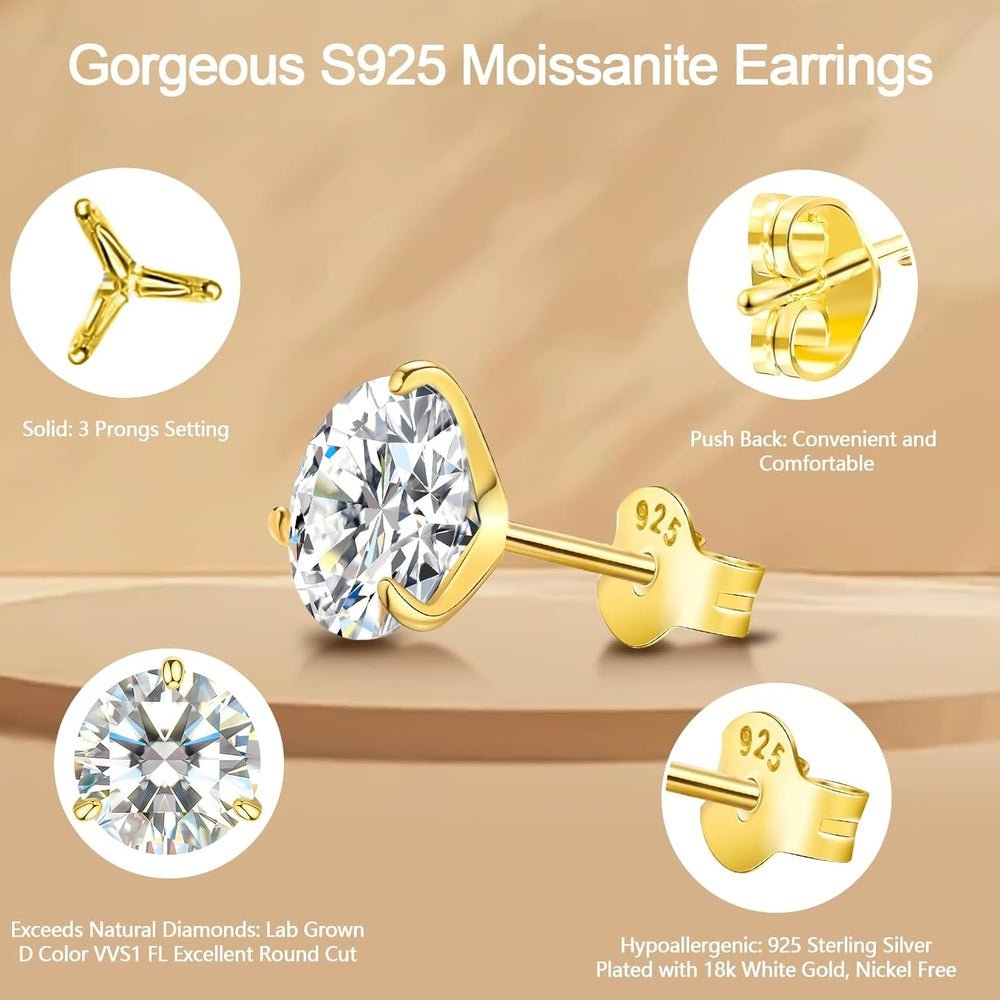 Lab Grown Diamond Stud Earrings for Women, Gold Vermeil 925 Sterling Silver Lab Created Diamond Studs Solitaire Earrings Jewelry - Future Jewelry
