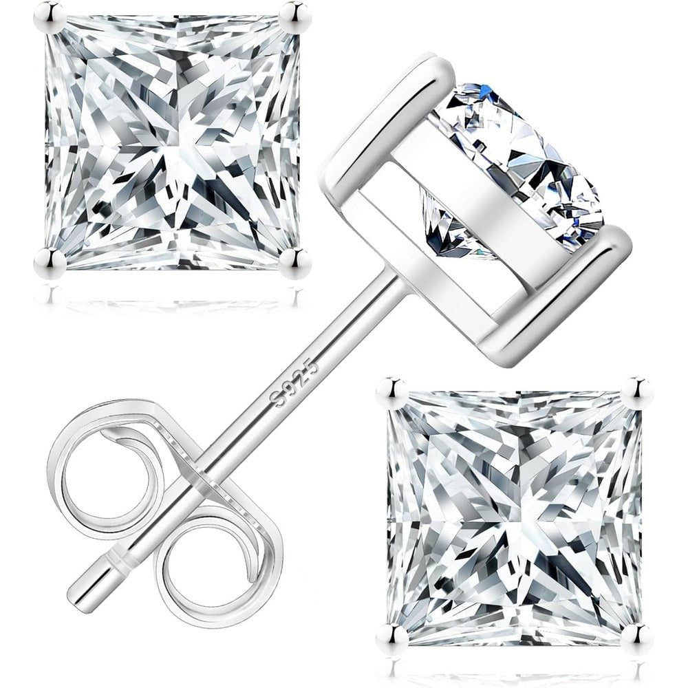 Lab Grown Diamond Studs Earrings for Women, 925 Sterling Silver D Color VVS1, Lab Created Princess Cut Diamond White Gold Plated Earring, 0.6ct - 2ct Brilliant Jewelry Gift For Her - Future Jewelry