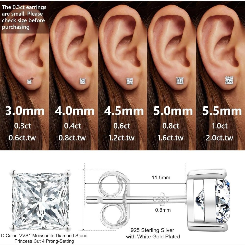 Lab Grown Diamond Studs Earrings for Women, 925 Sterling Silver D Color VVS1, Lab Created Princess Cut Diamond White Gold Plated Earring, 0.6ct - 2ct Brilliant Jewelry Gift For Her - Future Jewelry