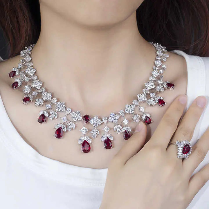 Lab Ruby and Lab Grown Diamond Jewelry Set in 14K White Gold, necklace detail - Future Jewelry