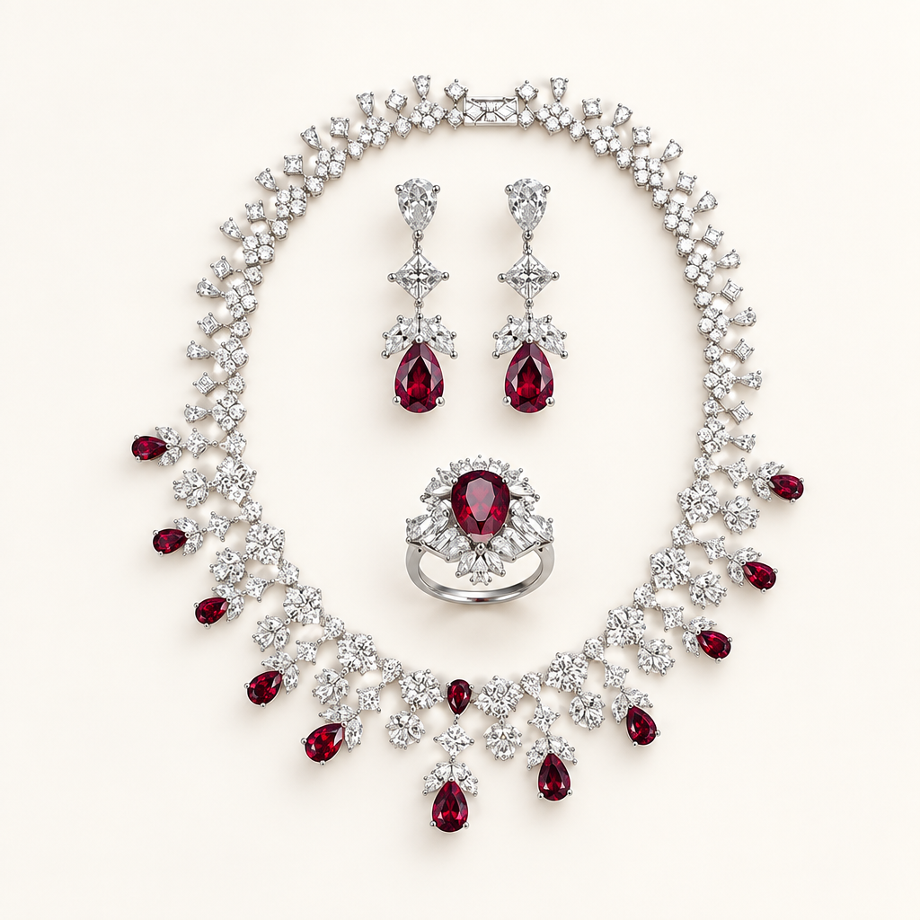 Custom Lab Ruby and Lab Grown Diamond Jewelry Set in 14K White Gold - Future Jewelry
