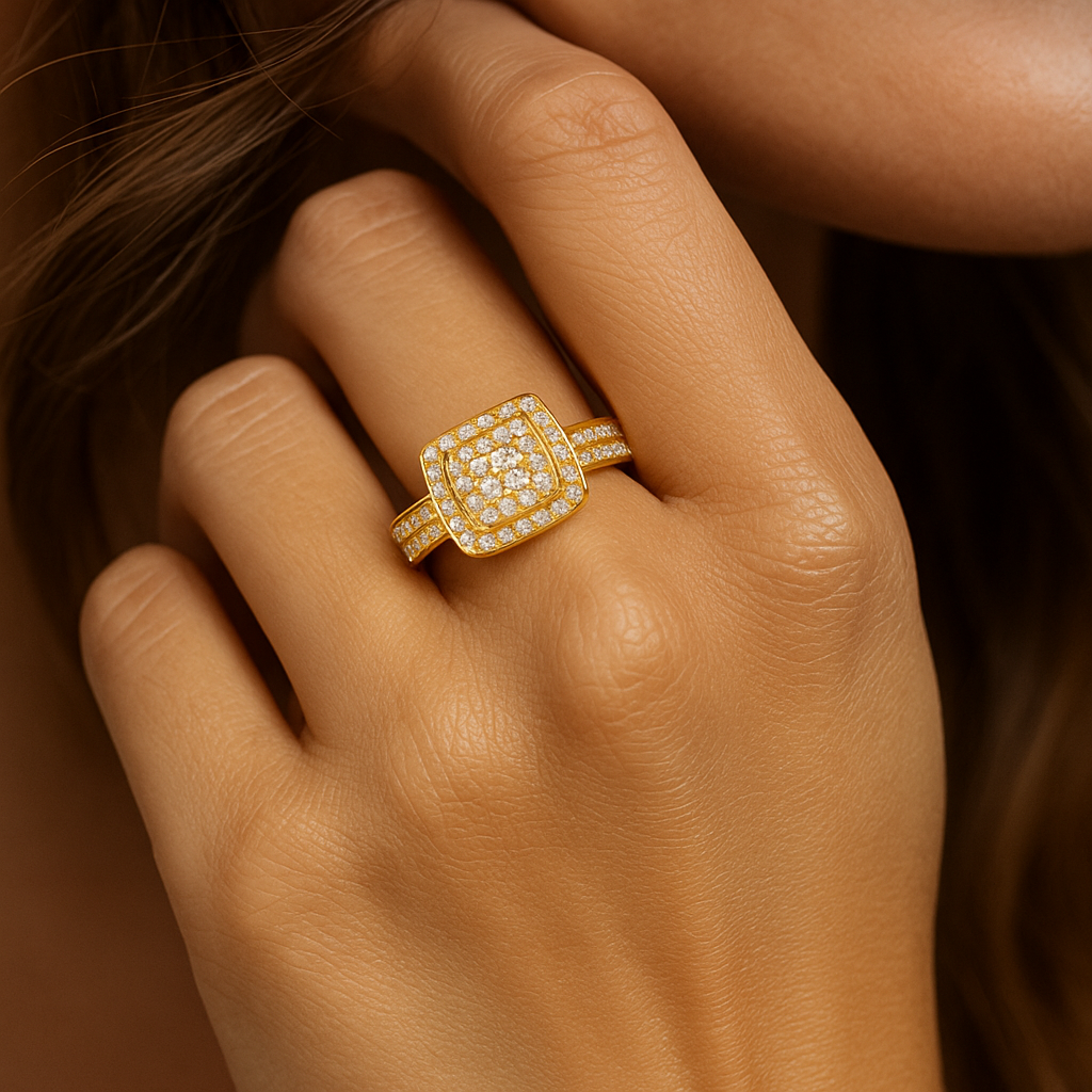 Gold ring with diamond accents on a model of her hand