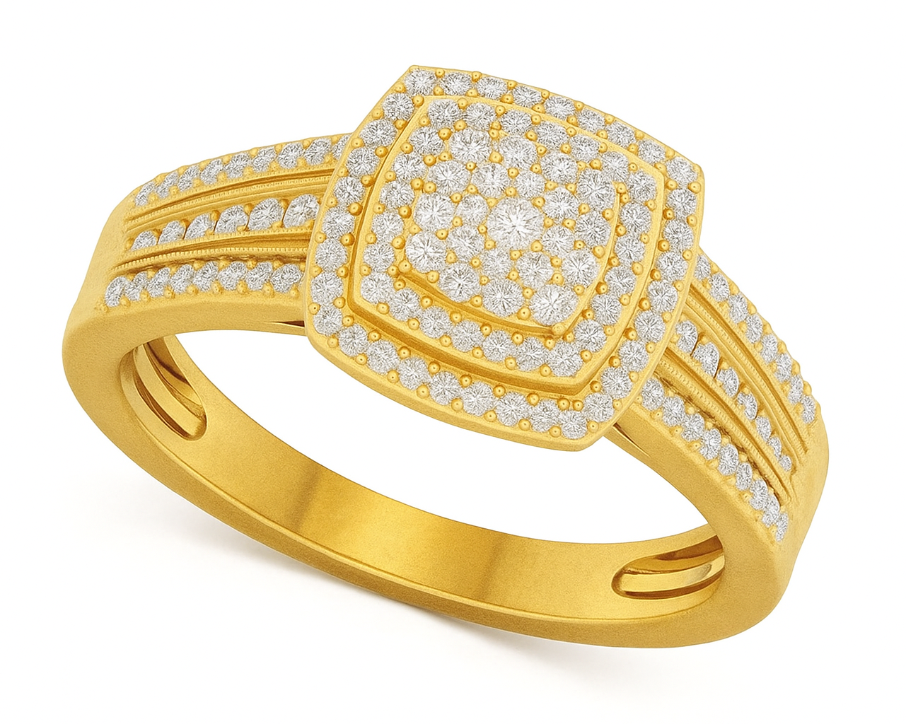 Gold ring with diamond accents on a white background
