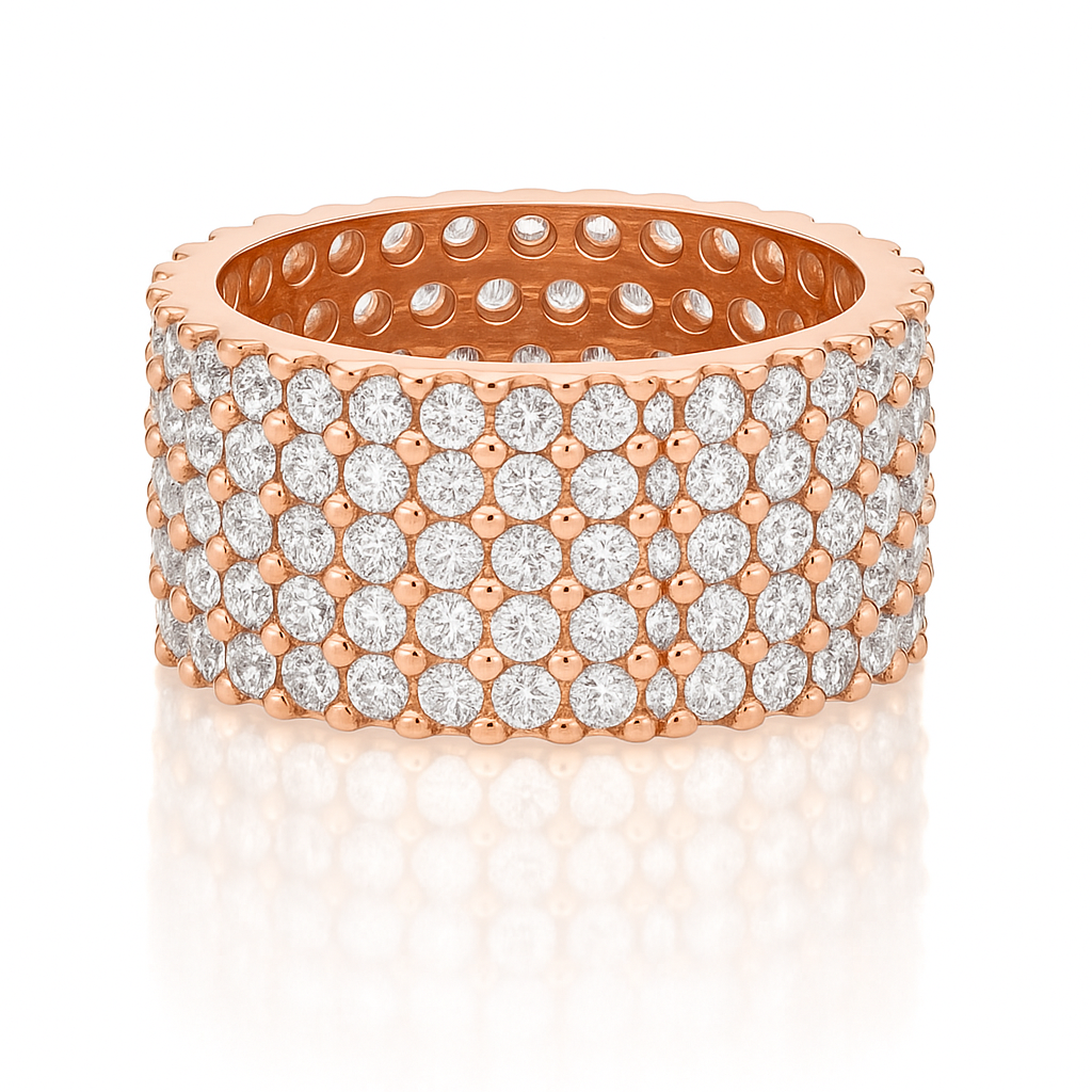 multi row lab diamond eternity band showing shimmer and 18K rose gold