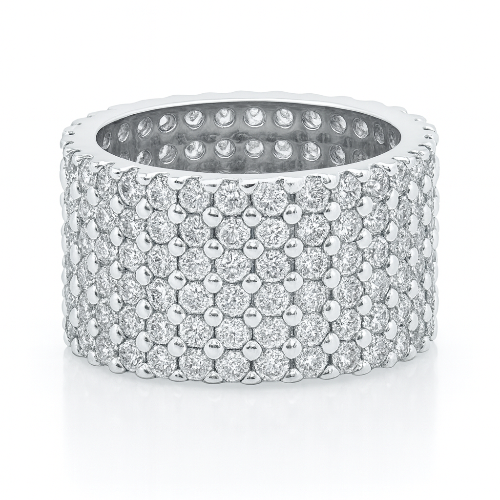 multi row lab diamond eternity band showing shimmer and 14K white gold