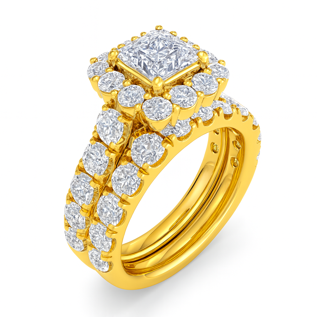 Princess cut lab diamond engagement ring in yellow gold on display