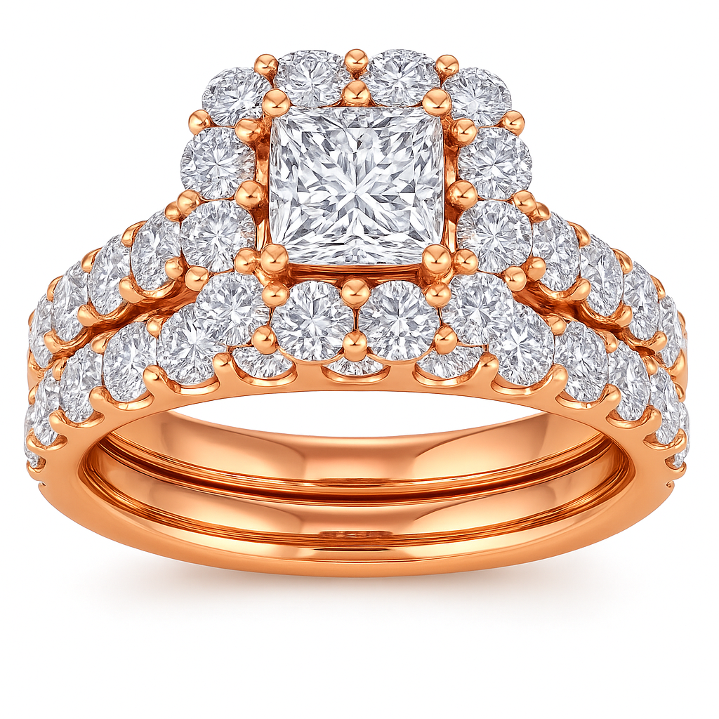 Bride wearing princess cut lab diamond engagement ring and wedding band on hand