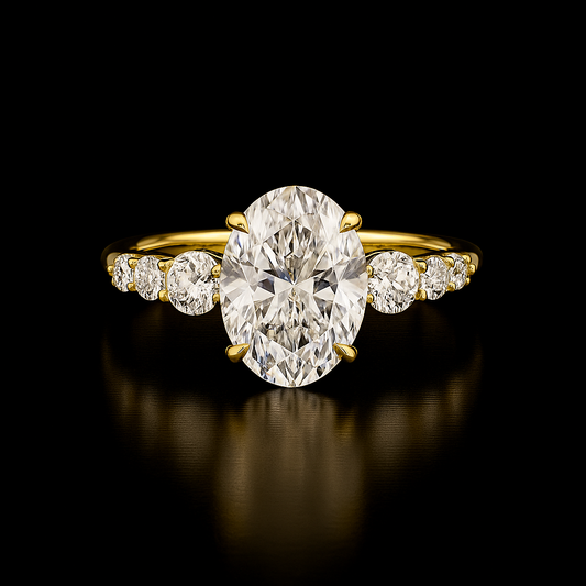 Gold ring with a large diamond and smaller diamonds on a black background