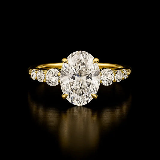 Gold ring with a large diamond and smaller diamonds on a black background