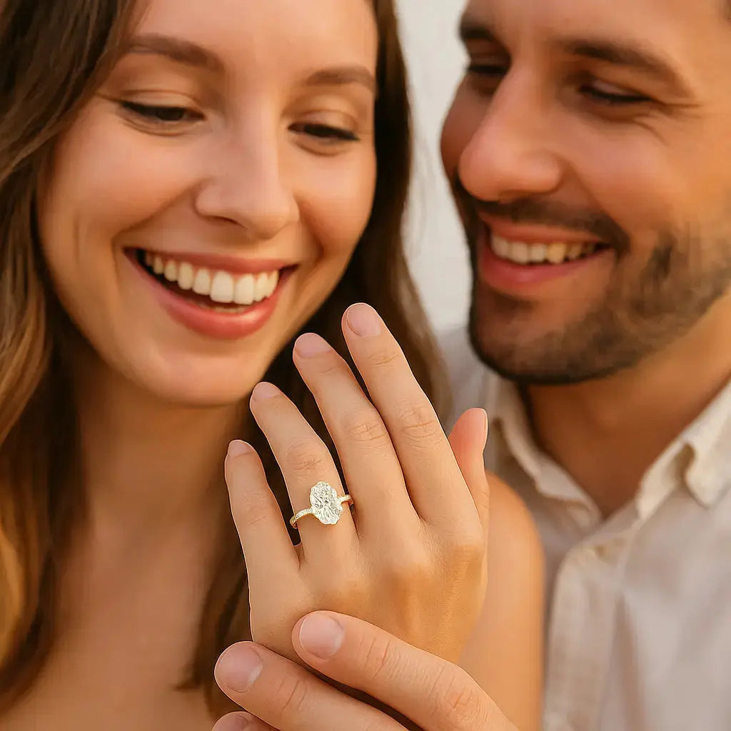 Couple smiling with a close-up of the woman's hand wearing an engagement ring.