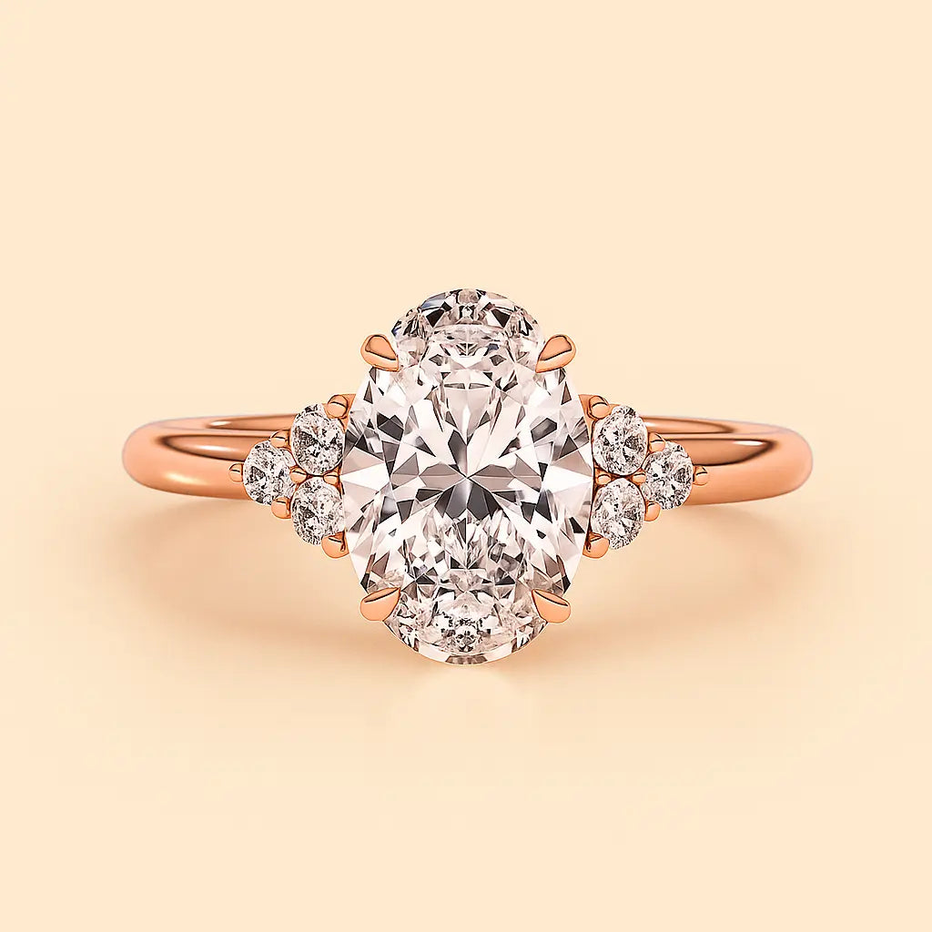 Rose gold ring with a large diamond and smaller diamonds on a beige background