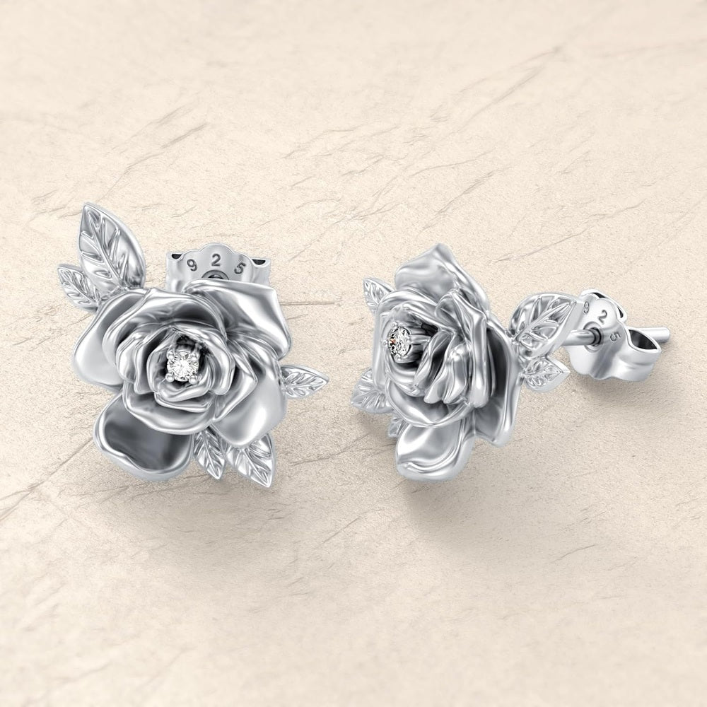 Rose Stud Earrings with Lab Grown Diamond in Silver - Future Jewelry