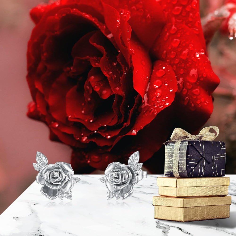 Rose Stud Earrings with Lab Grown Diamond in Silver - Future Jewelry