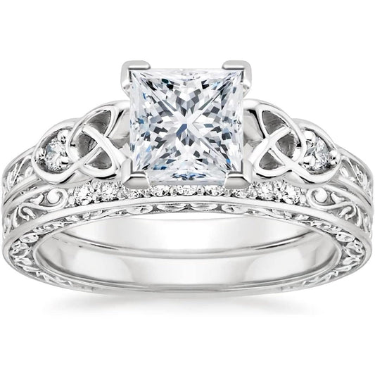 Vintage Lab Grown Diamond Princess Cut Celtic Knot Bridal Ring Sets 1 - 3 Carat (ctw) 10K 14K 18K Gold IGI Certified Lab Diamond Engagement Ring Sets for Women (D Color VVS Clarity) - Future Jewelry
