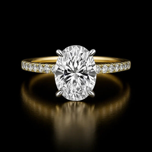 Gold ring with a large diamond and smaller diamonds on the band against a black background