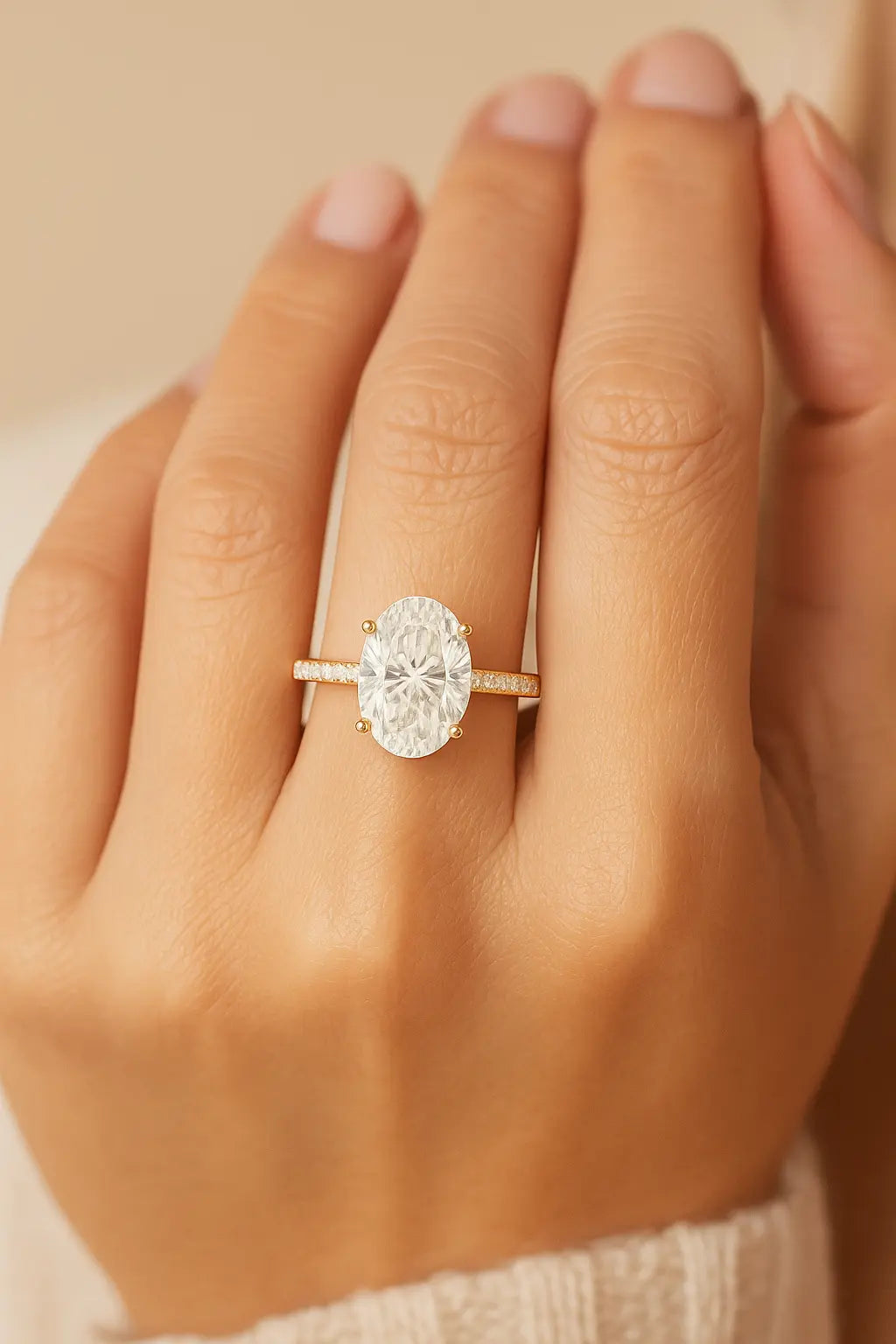 Rose gold ring with a large diamond on a hand against a beige background