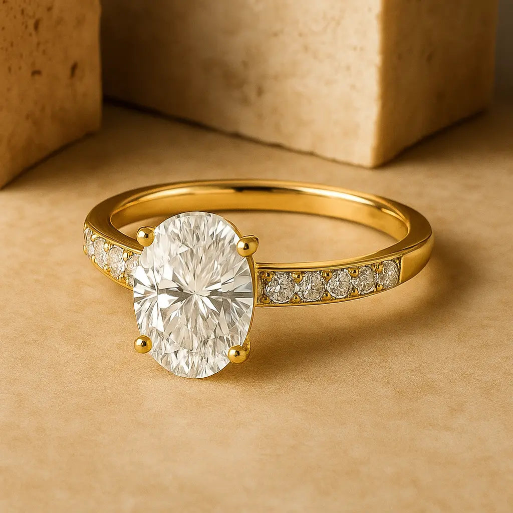 Gold ring with a large diamond and smaller diamonds on the band against a beige background