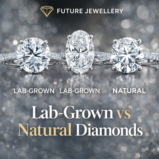 lab grown vs natural diamond rings comparison showing round and oval diamond engagement rings