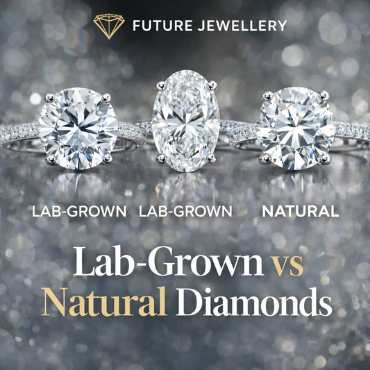 lab grown vs natural diamond rings comparison showing round and oval diamond engagement rings