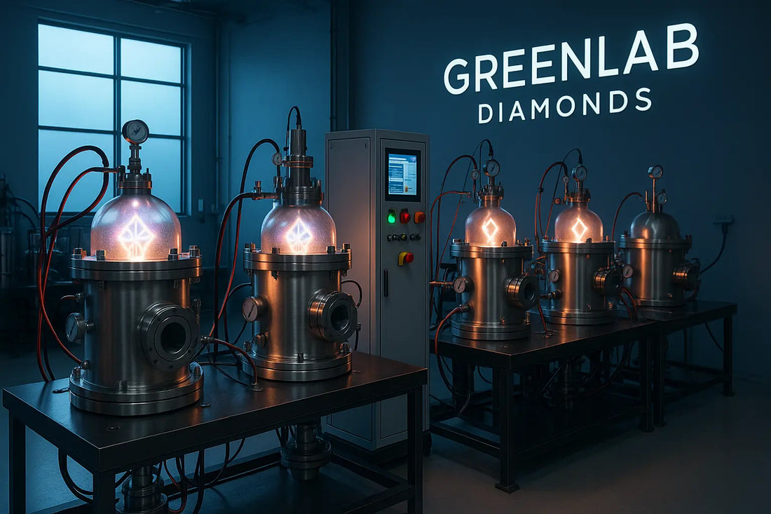 high-tech plasma reactor growing a lab diamond crystal in a clean futuristic lab setting, inspired by Greenlab Diamonds in Surat, India, symbolizing sustainability and innovation in fine jewelry