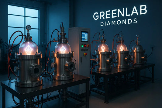 high-tech plasma reactor growing a lab diamond crystal in a clean futuristic lab setting, inspired by Greenlab Diamonds in Surat, India, symbolizing sustainability and innovation in fine jewelry