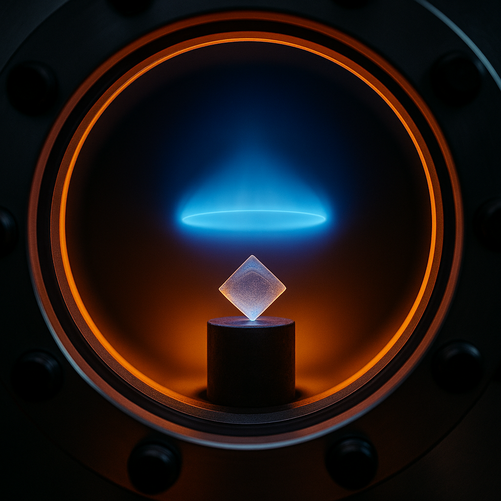 digital illustration showing how lab diamonds are made using the CVD process, featuring a glowing plasma reactor chamber and a diamond seed forming layer by layer inside