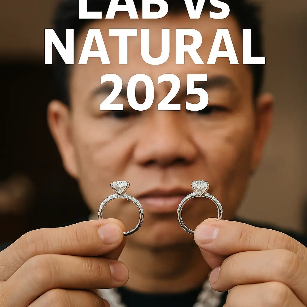 a jeweler examining two identical diamond rings labeled “Lab” and “Natural 2025,” comparing the brilliance of lab-grown and mined diamonds under warm lighting