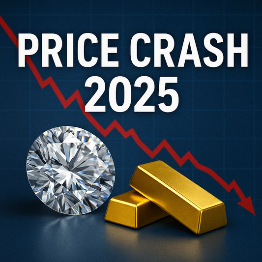 digital thumbnail showing a sparkling lab diamond beside gold bars with a red downward graph line and text “Price Crash 2025,” representing the fall in lab diamond market prices