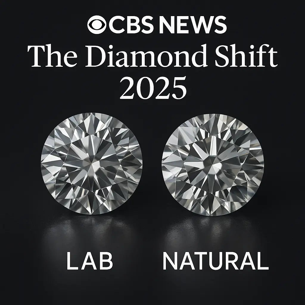 two identical round-cut diamonds labeled “Lab” and “Natural” on a black reflective surface with the headline “CBS News: The Diamond Shift 2025,” symbolizing the growing popularity of lab-grown diamonds