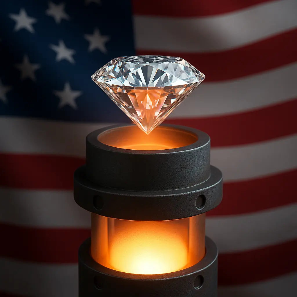 close-up of a brilliant-cut lab diamond glowing above a CVD reactor with an American flag in the background, symbolizing U.S. lab-grown diamond innovation