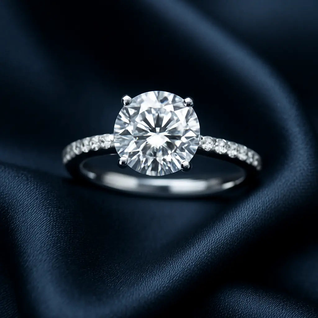 lab diamond engagement ring on dark blue satin background, showcasing a brilliant round lab diamond in a white gold band