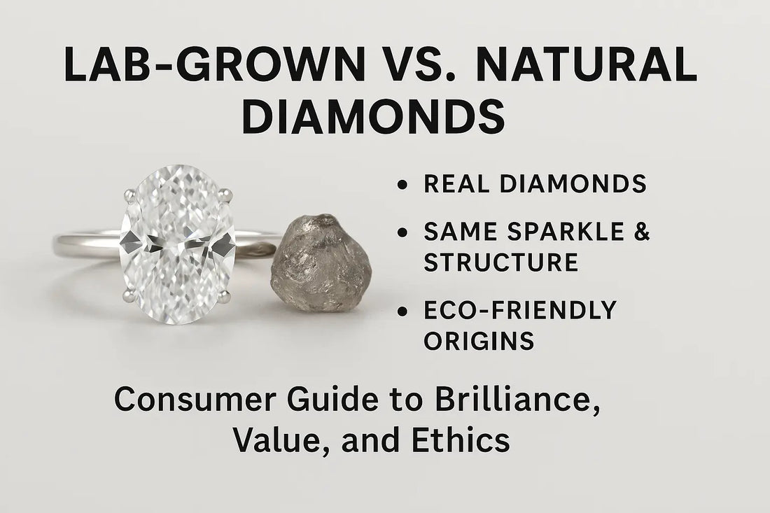 lab grown vs natural diamonds comparison showing oval lab diamond and rough natural diamond side by side -jpg