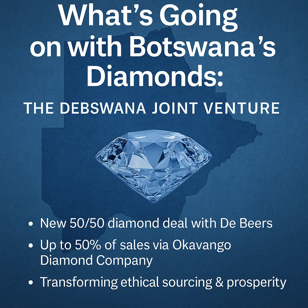 Botswana diamond mines with rough diamonds and Botswana flag colors symbolizing partnership between De Beers and Botswana, luxury editorial style