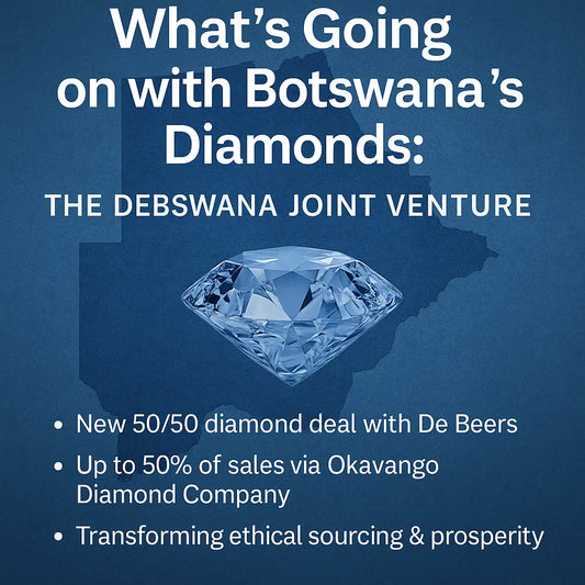 Botswana diamond mines with rough diamonds and Botswana flag colors symbolizing partnership between De Beers and Botswana, luxury editorial style