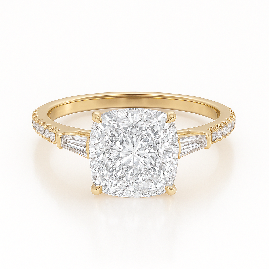 Gold ring with a large diamond and smaller diamonds on the sides against a white background