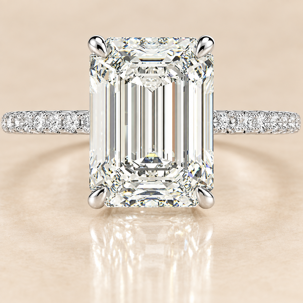 4 carat emerald cut lab grown diamond ring in 14K white gold